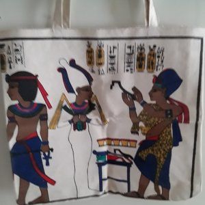 Vintage Oversize Canvas Tote Bag with Egyptian Design